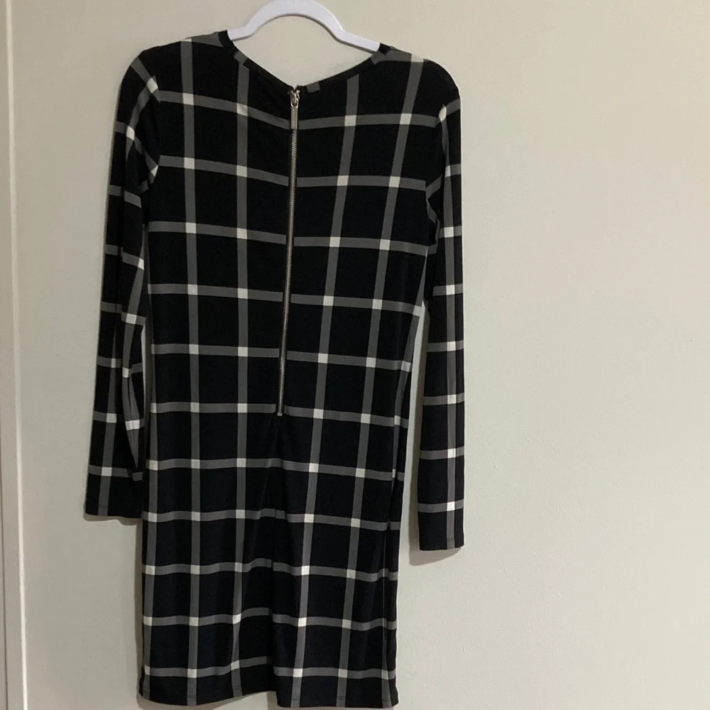 Michael Kors Black and Gray Plaid Long Sleeve Dress